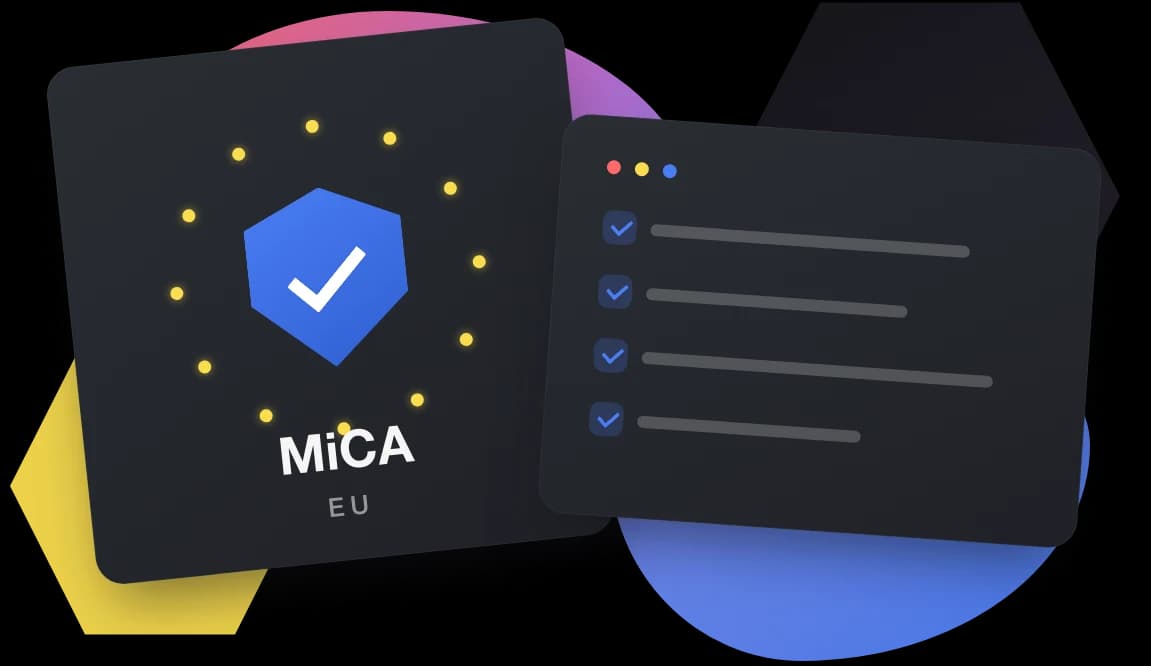 Sello MiCA con una marca de verificación y un círculo de estrellas junto a una lista comprobada