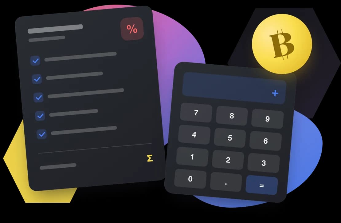 Informe fiscal con operaciones marcadas junto a una calculadora y una moneda de bitcoin
