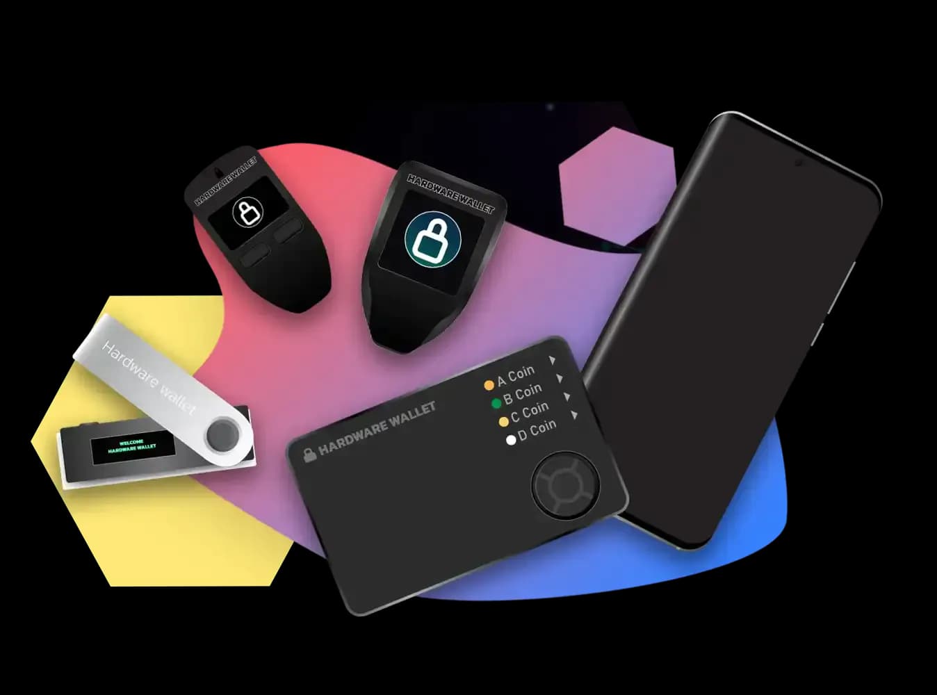 Varias carteras de hardware una al lado de otra sobre fondo claro