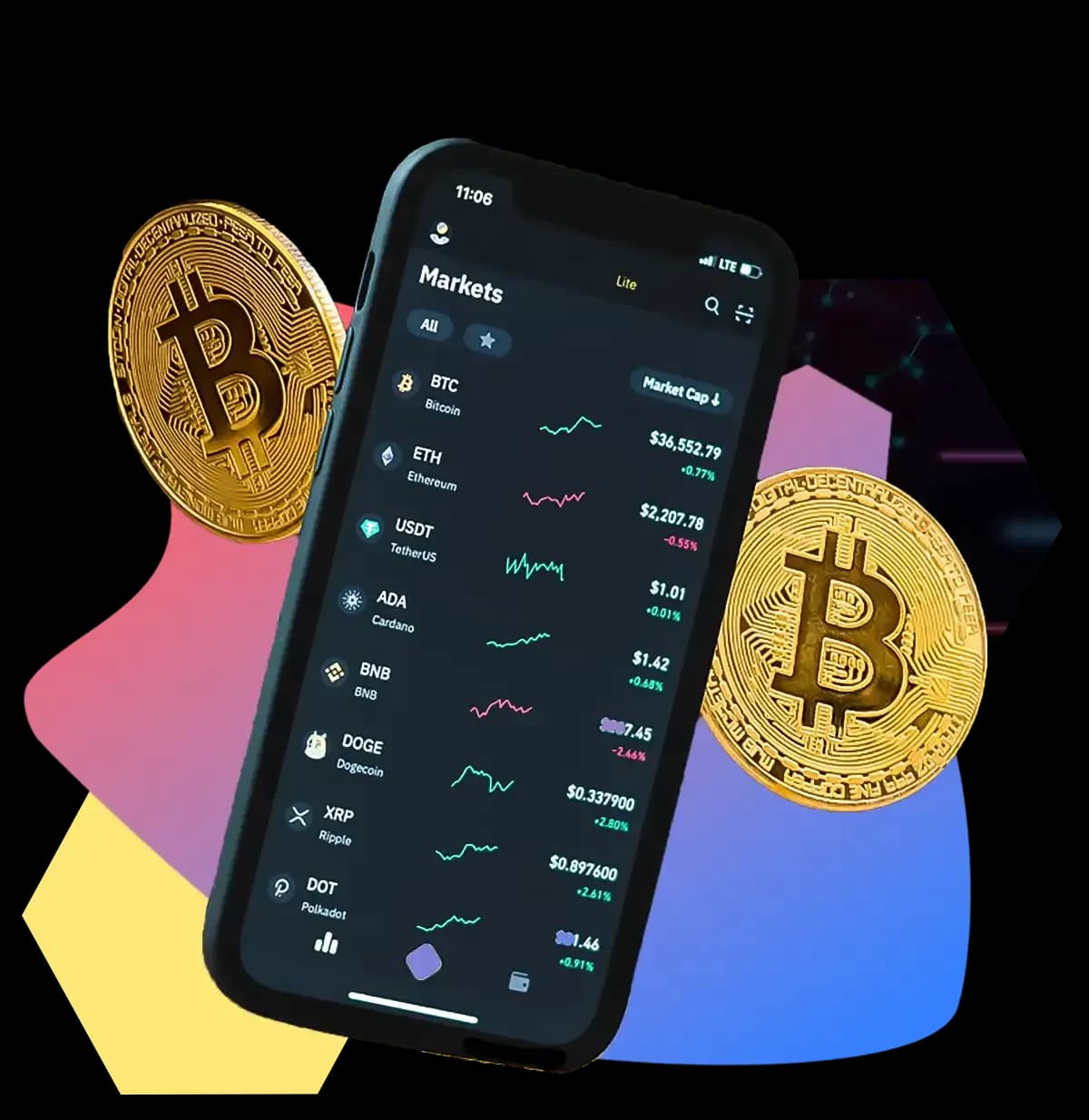 Teléfono con una lista de precios cripto junto a dos monedas doradas