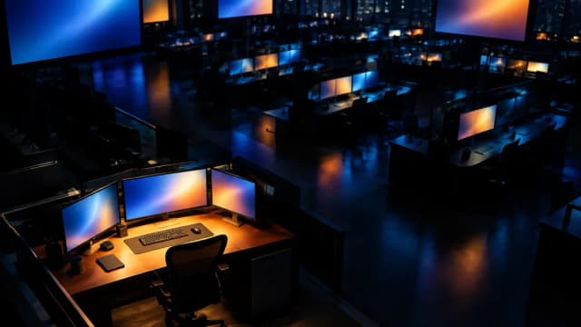 Naechtlicher Handelssaal von oben, lange Reihen leerer Arbeitsplaetze mit blau und bernsteinfarben leuchtenden Bildschirmen, ein einzelner Platz im Vordergrund warm angestrahlt