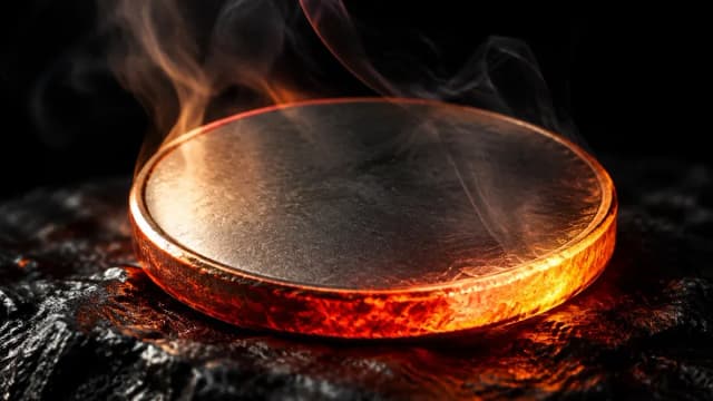 Physische Metallmuenze in Makroaufnahme mit orangerot gluehendem Rand und aufsteigendem Rauch auf schwarzem Stein