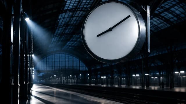 Bahnhofsuhr ohne Ziffern in einer leeren naechtlichen Bahnhofshalle
