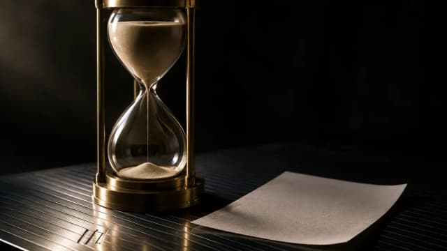 Messingfarbene Sanduhr auf einer geriffelten Stahlplatte, der obere Kolben ist noch fast voll, daneben ein unbedrucktes Kalenderblatt.