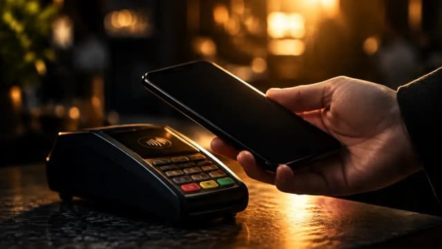 Hand haelt ein Smartphone mit dunklem Display an ein Kartenlesegeraet auf einer Ladentheke