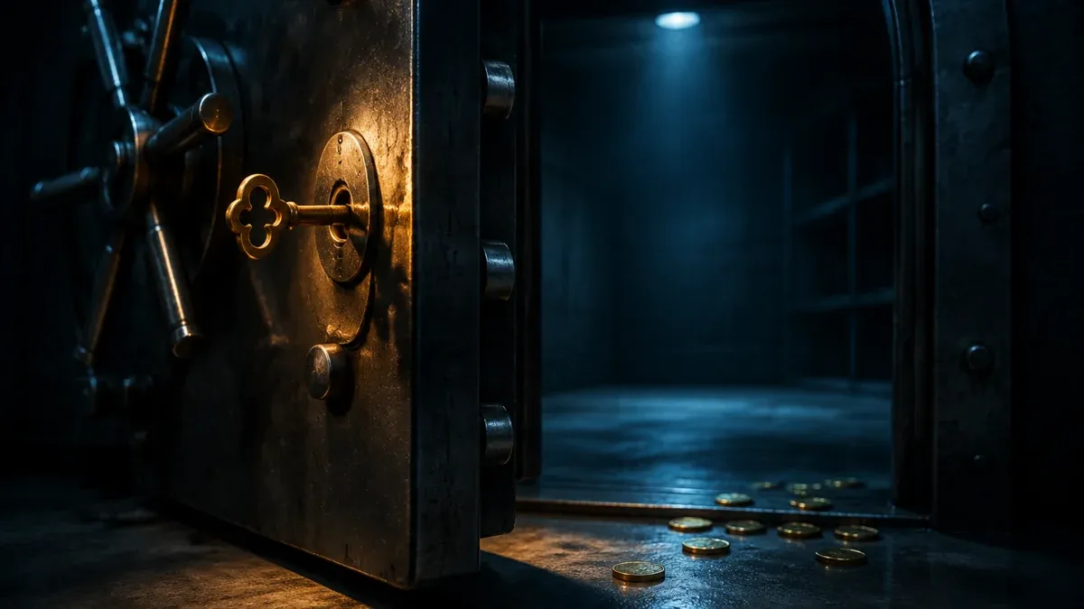 Open vault door with an old brass key still in the lock and scattered coins on the floor