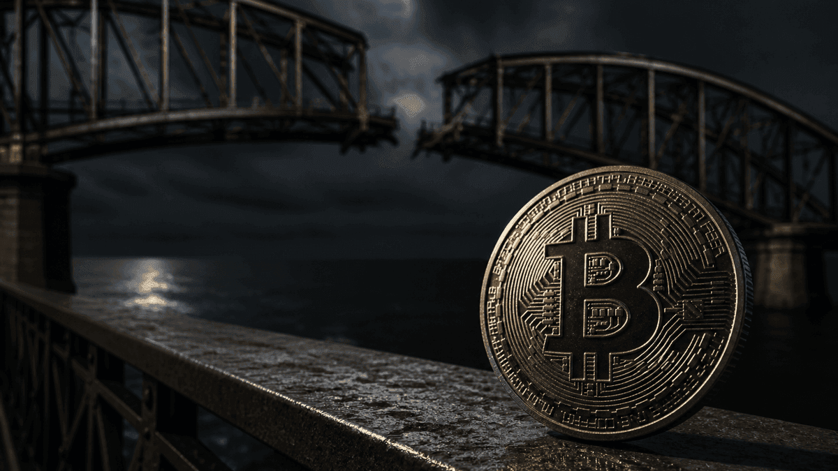Steel arch bridge at night with its middle segment broken out, a heavy coin stamped with the Bitcoin symbol in front of it